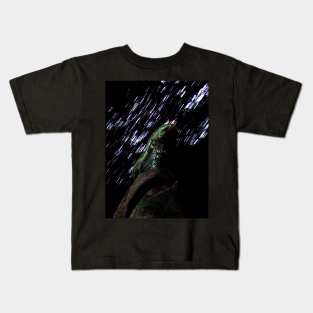 Digital collage and special processing. Weird. Leg with shoe and pants. Glimpses of surface. Falling stars. Kids T-Shirt